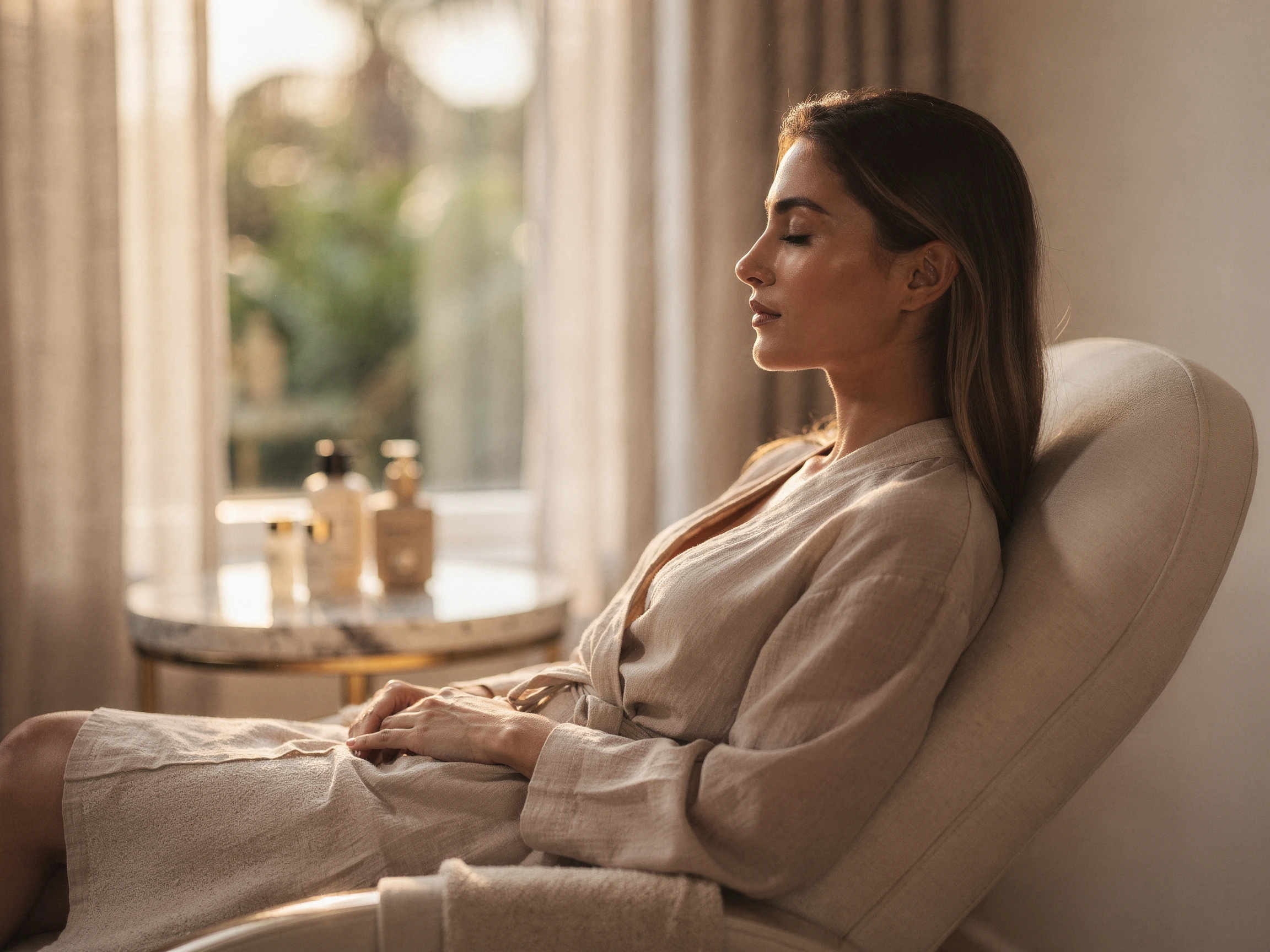 Woman relaxing in a spa chair with skincare products on a nearby vanity table